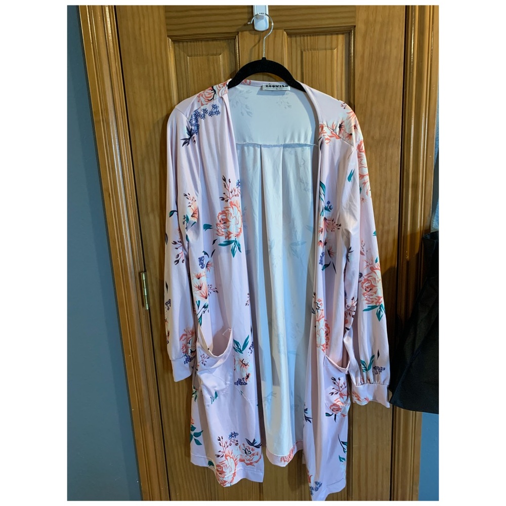 Long Pink Floral Cardigan With Pockets XLarge